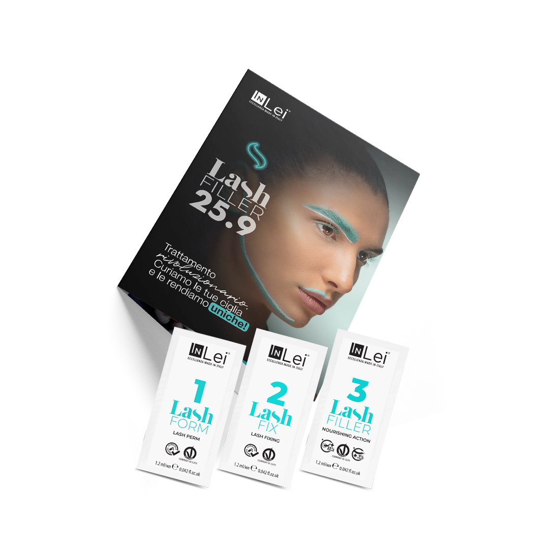 Mini Kit LASH FILLER 25.9 InLei® con Form 1, Fix 2 y Filler 3 en formato monodosis para lifting de pestañas.