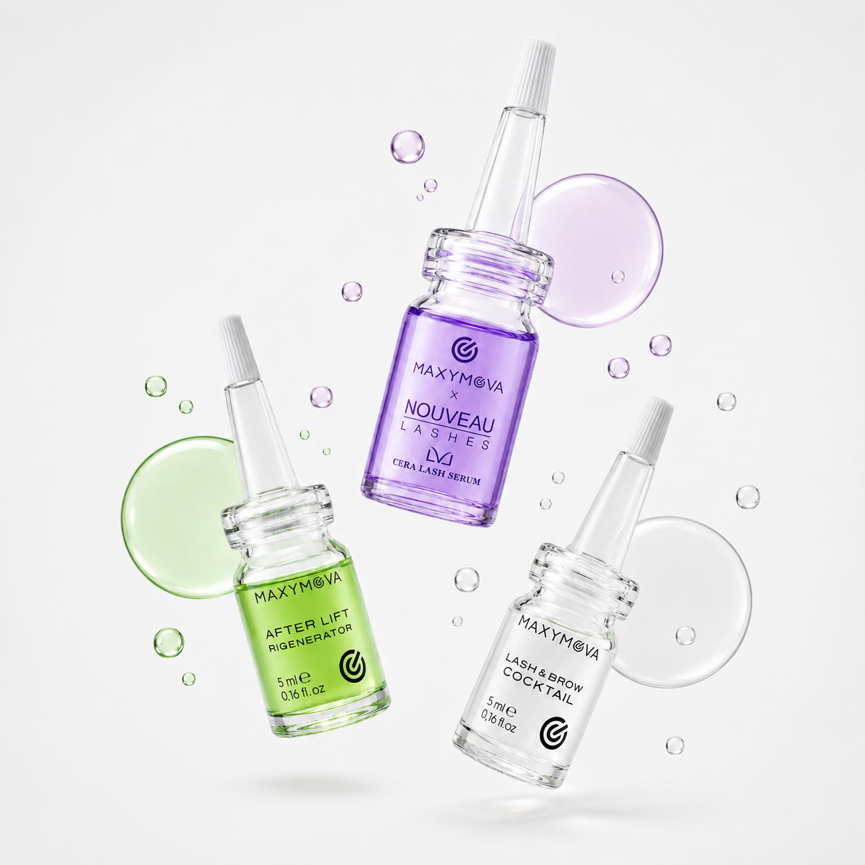 Cera Lash, After Lift Regenerator y Lash & Brow Cocktail de Maxymova sobre fondo blanco con burbujas lilas, verdes y transparentes.