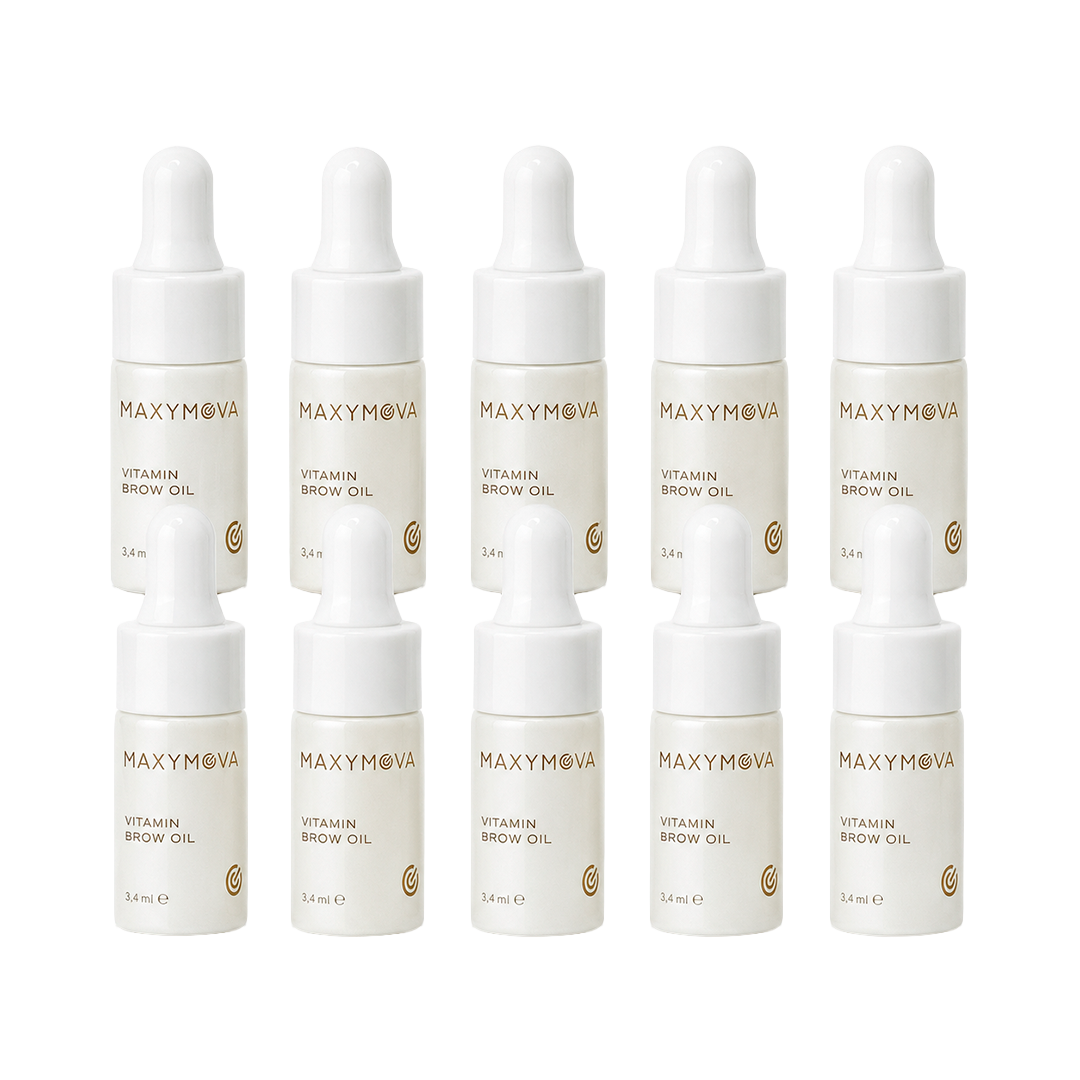 Pack de 10 aceites nutritivos VITAMIN BROW OIL para cejas Maxymova 3,4 ml